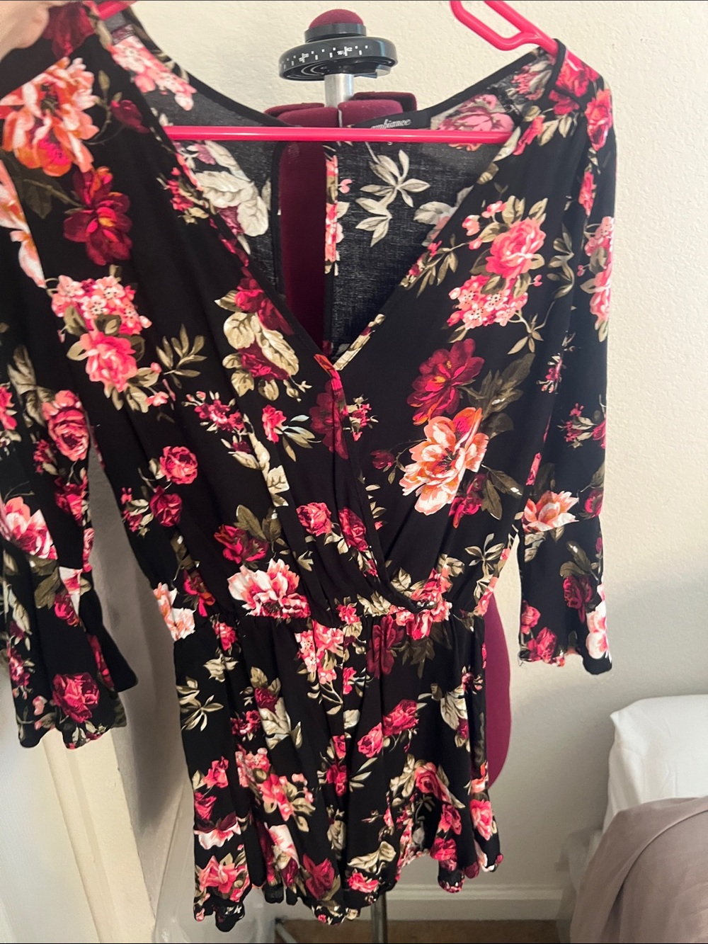Ambiance Black Floral V-Neck Romper with Pink & Cream Roses